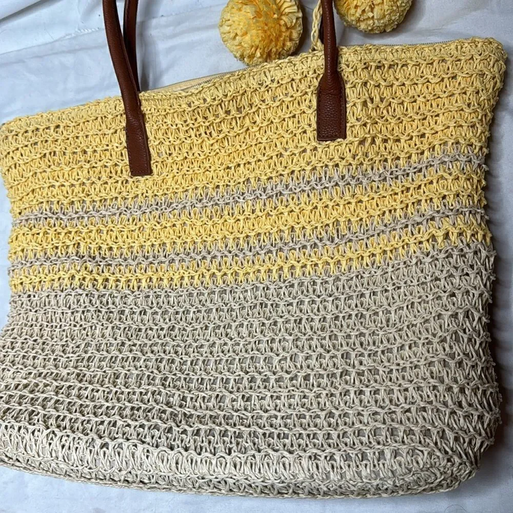 Merona Striped Woven Straw Pom Pom Tote Nag. NWT.
